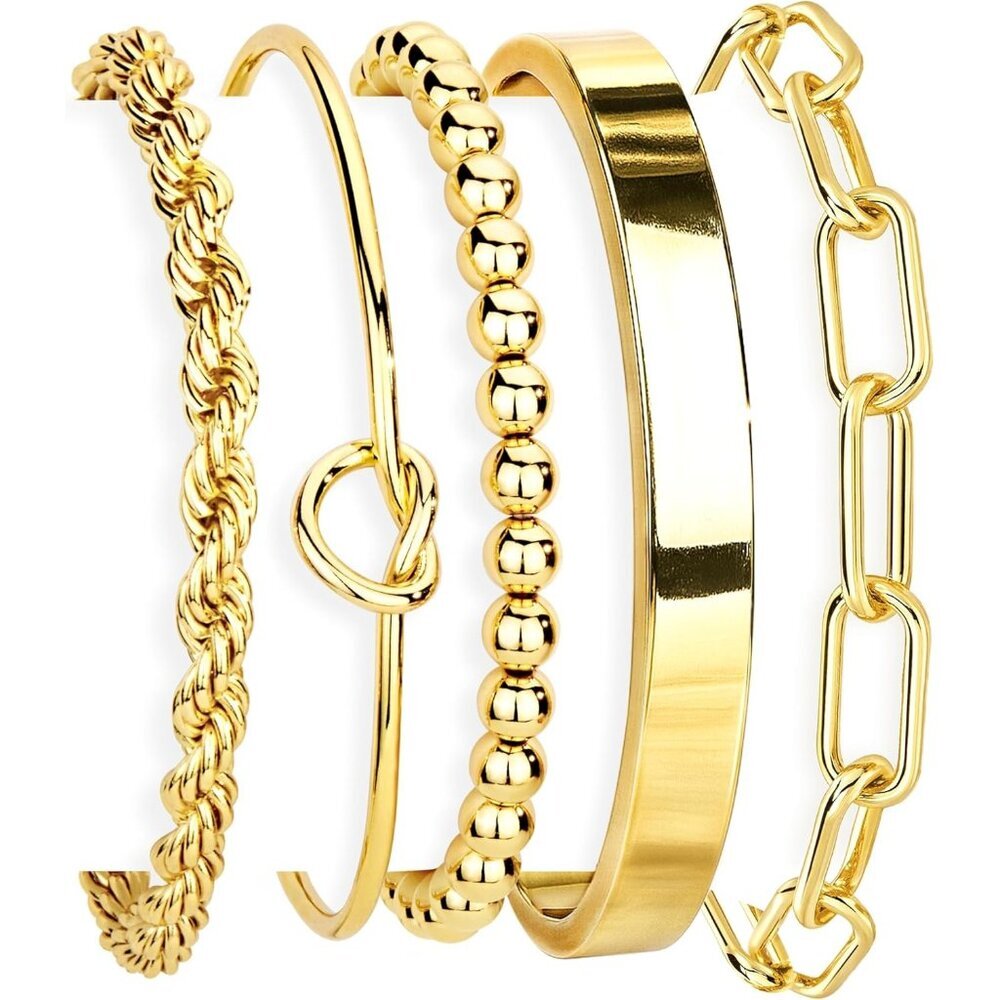 〽️Women's Gold Plated Steel Set of 5 Stackable Chunky Cuff Bangles Bracelets Set